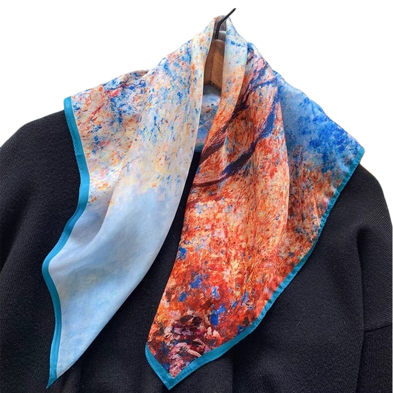 The colorful abstract pattern silk scarf is light, breathable and suitable for all seasons Item Picture