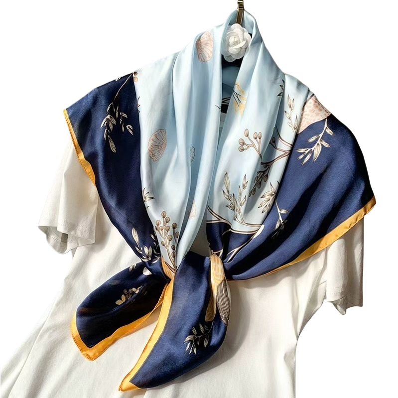 This blue and white floral pattern silk scarf is a light and breathable spring and summer scarf for women Item Picture