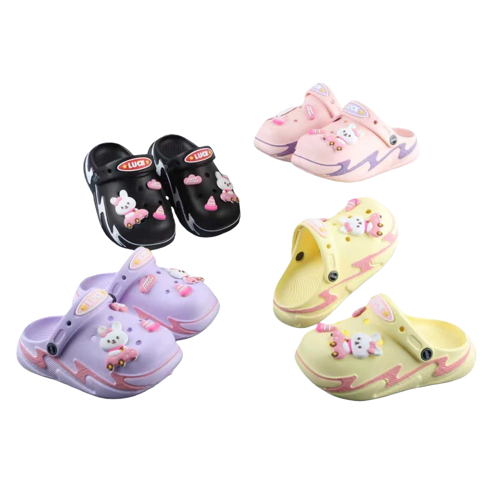 彩色儿童洞洞鞋黑粉紫黄四色款兔子车小旗卡通配件 Item Picture