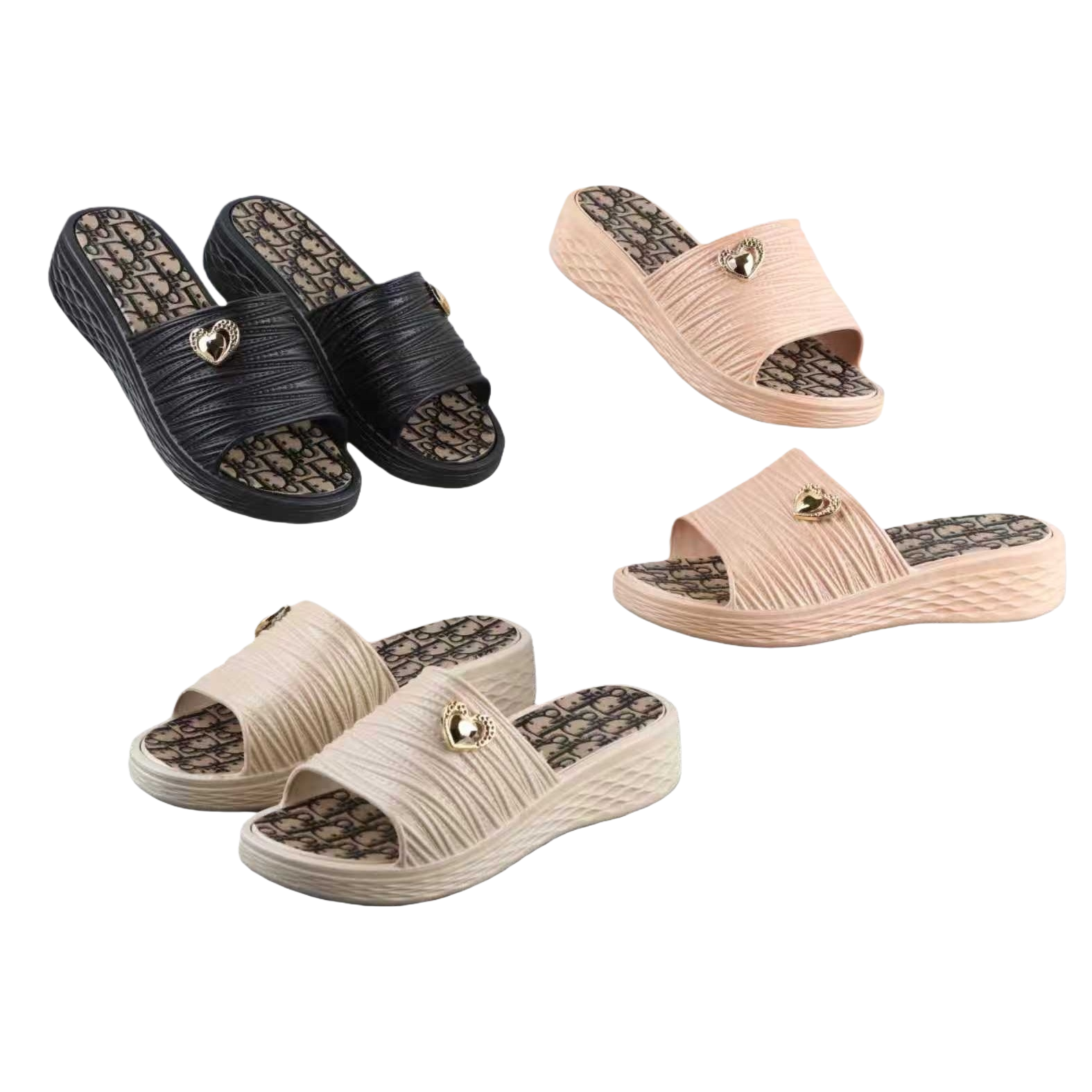 Black, pink and off-white wedge heel sandals with heart-shaped metal buckle printed insole Item Picture
