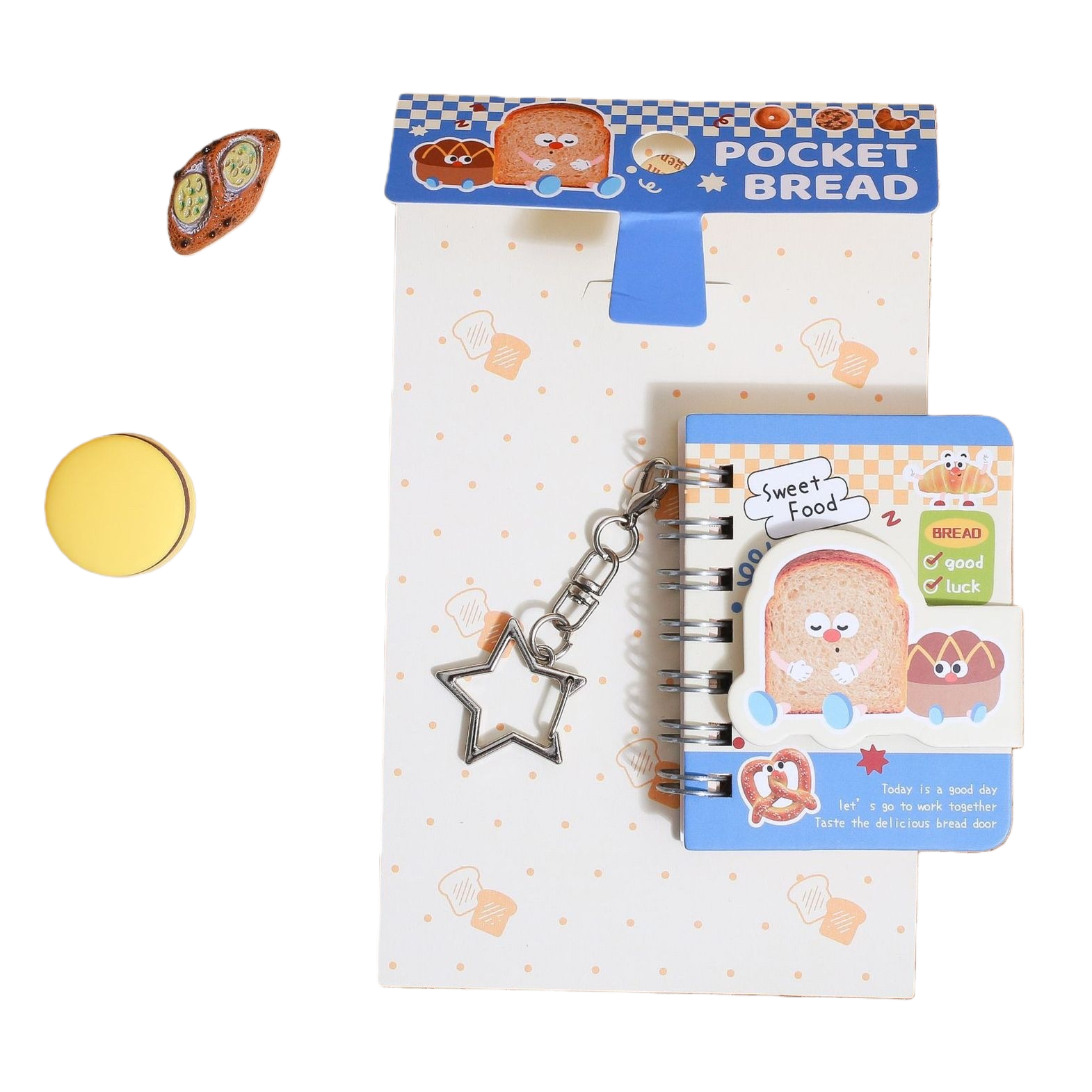 Cartoon bread-themed notebook set, spiral small notebook, star hanging decoration, paper packaging card, decorative accessories Item Picture