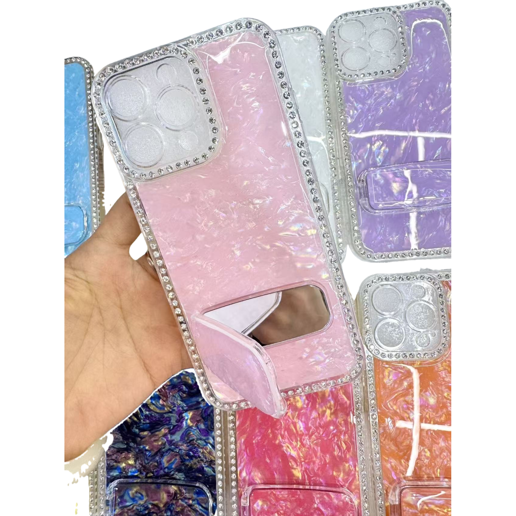 粉色闪粉镶钻边框镜面支架手机壳 Item Picture