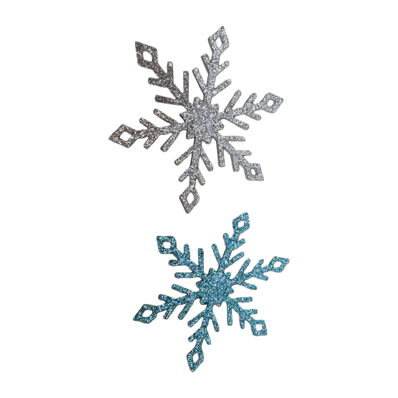 银色和蓝色闪粉雪花装饰品白底实物图