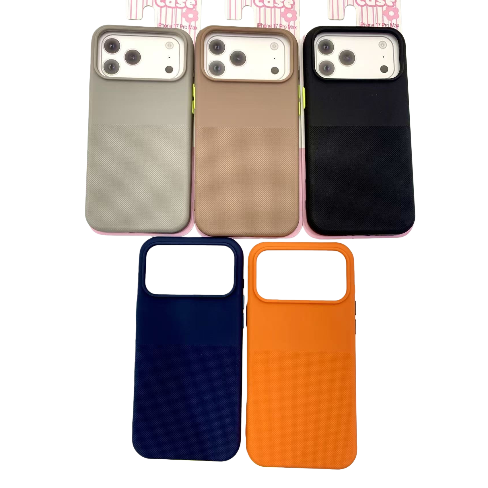 iPhone 17 Pro Max five-color textured phone case gray, brown, black, blue, orange, white transparent lens frame Item Picture
