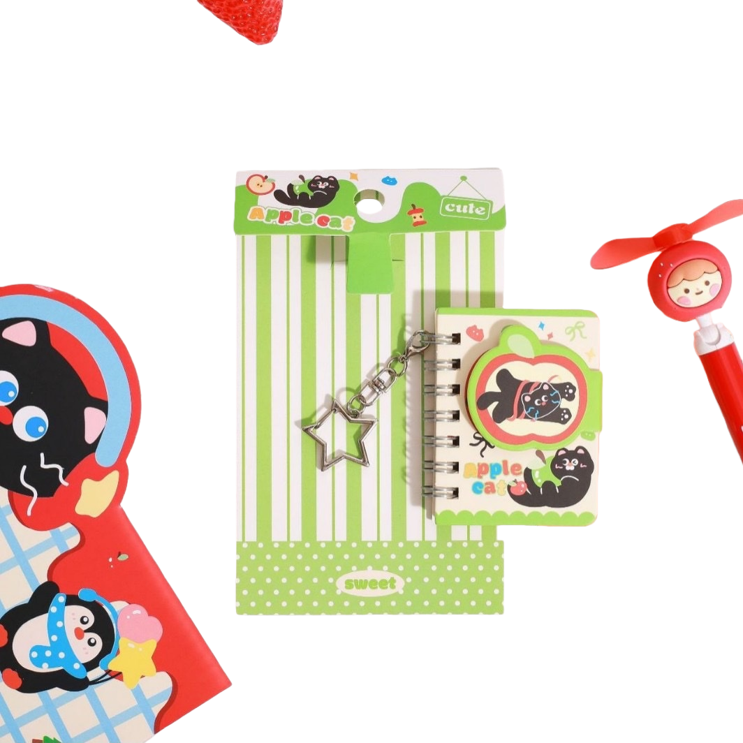 Apple Cat-themed green striped stationery set with star-shaped keychain, spiral notebook and Apple decoration Item Picture