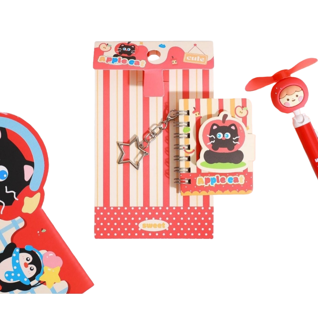 Apple cat Red and White Striped stationery set, Spiral notebook, Apple Cat sticker, Star keychain Item Picture