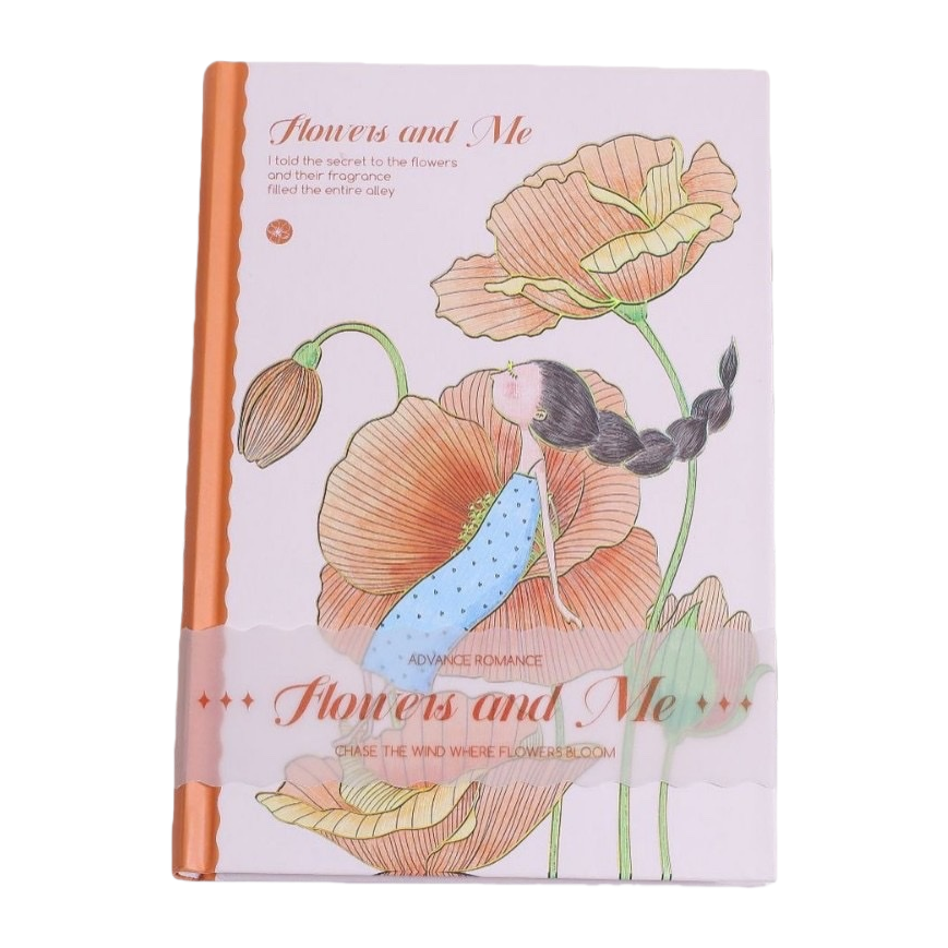 Pink cover, orange spine, girl, orange flower illustration notebook, white keyboard, Daisy and butterfly decoration Item Picture
