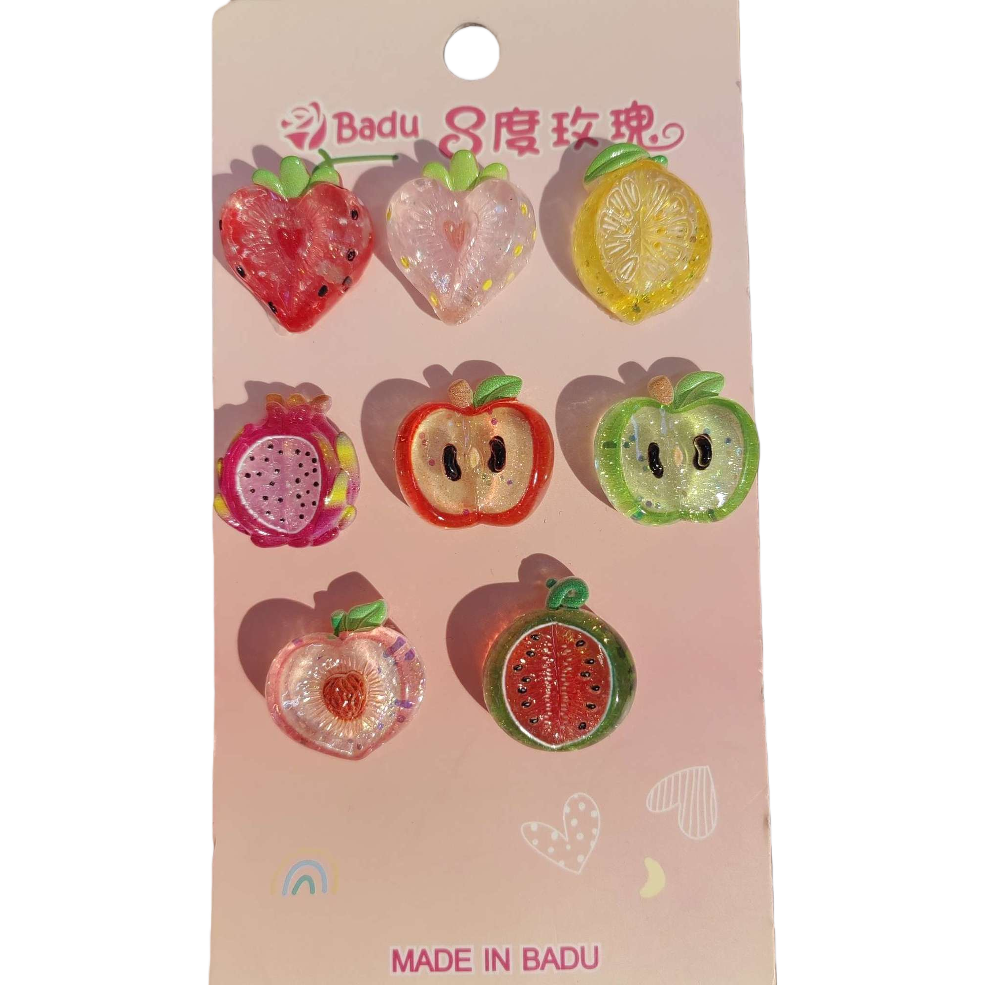 The Badu 8 Degree Rose Pink Fruit Resin Jewelry Card Set includes nine sparkling leaf stalk designs such as strawberry, lemon, and pitaya Item Picture