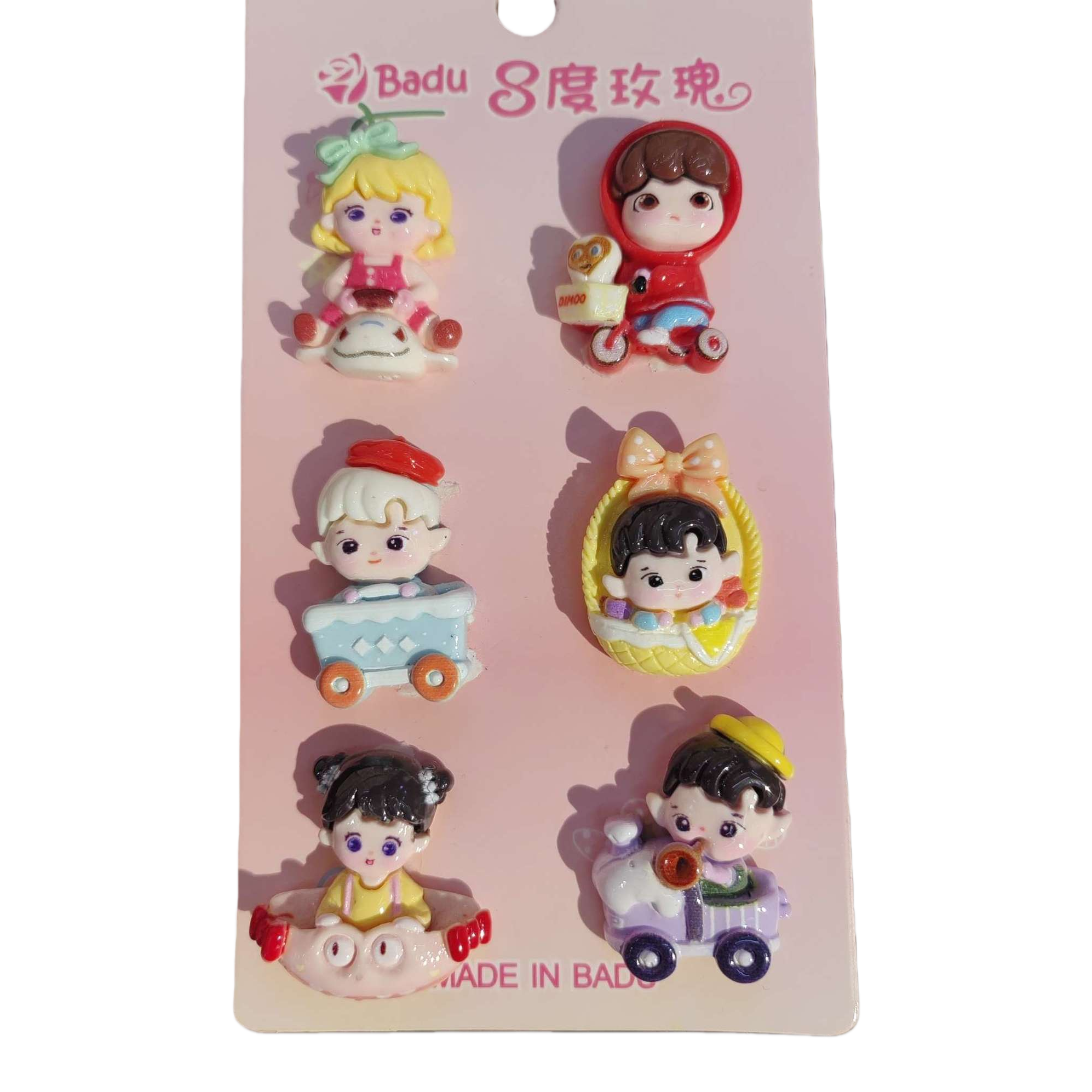 This pink cartoon resin jewelry set features six different character designs, including scenes such as dolphins and tricycles Item Picture