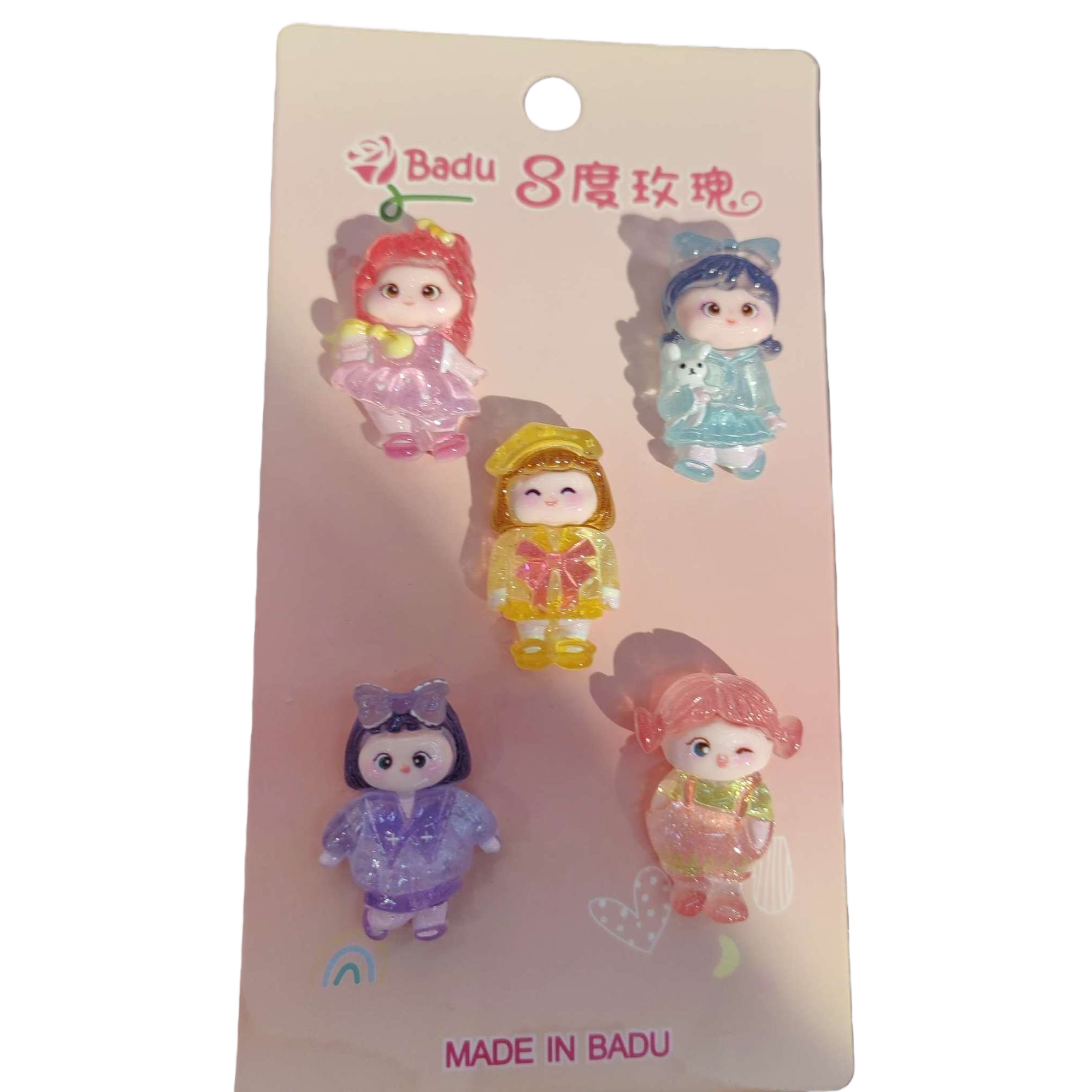 A pink card set of five cute accessory gift boxes featuring doll-shaped brooches Item Picture