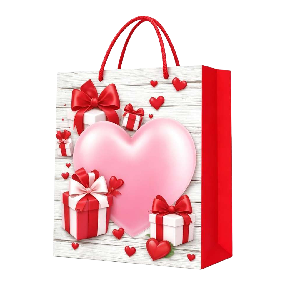 Red hand-held gift bag, white wood grain background, pink big heart, red and white gift box, red bow Item Picture