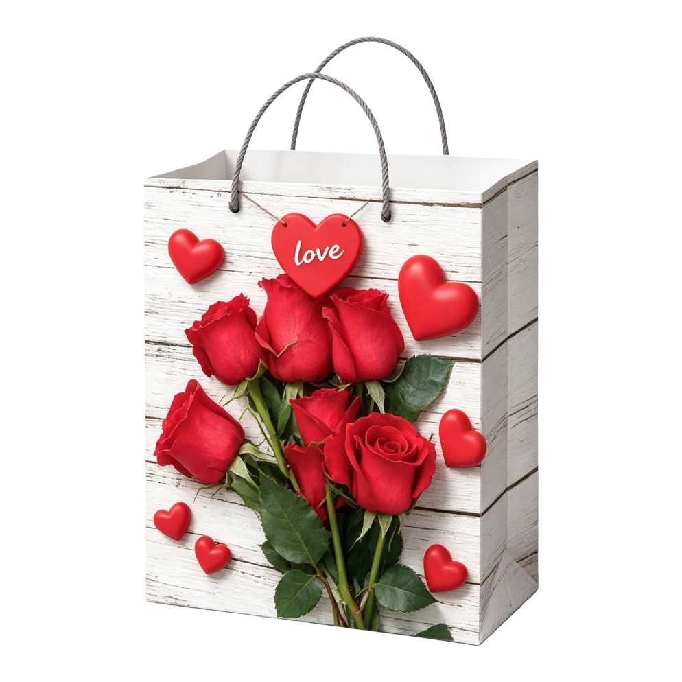 White wood grain gift box, red rose bouquet, heart-shaped decorative handbag Item Picture