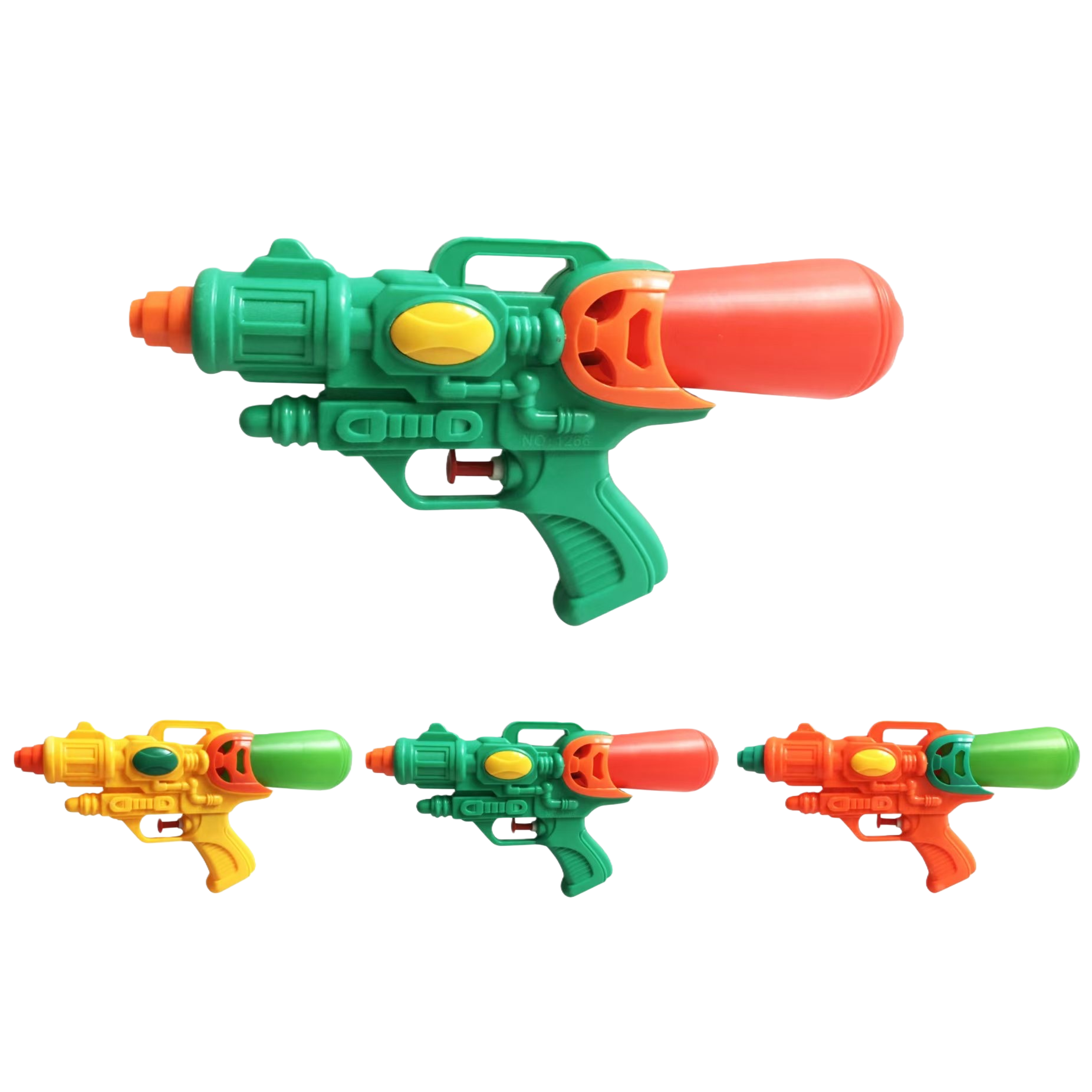The green water gun with orange-red components is 13cm high and 24.5cm long. It comes in three colors: yellow, green, green, red, orange and green Item Picture