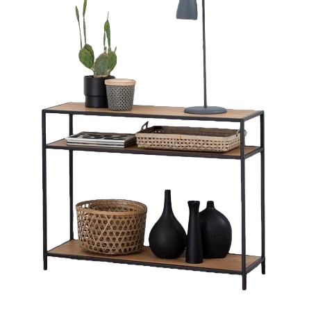 A simple and modern three-layer storage rack with black metal frame and wooden shelves for the living room and bedroom Item Picture