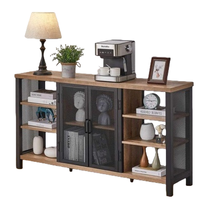 Wooden countertop, black metal frame shelf, simple and modern living room and bedroom storage furniture Item Picture