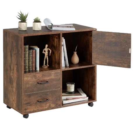 A brown wooden desk with drawers, open storage compartments, doors, books, decorations and green plants Item Picture