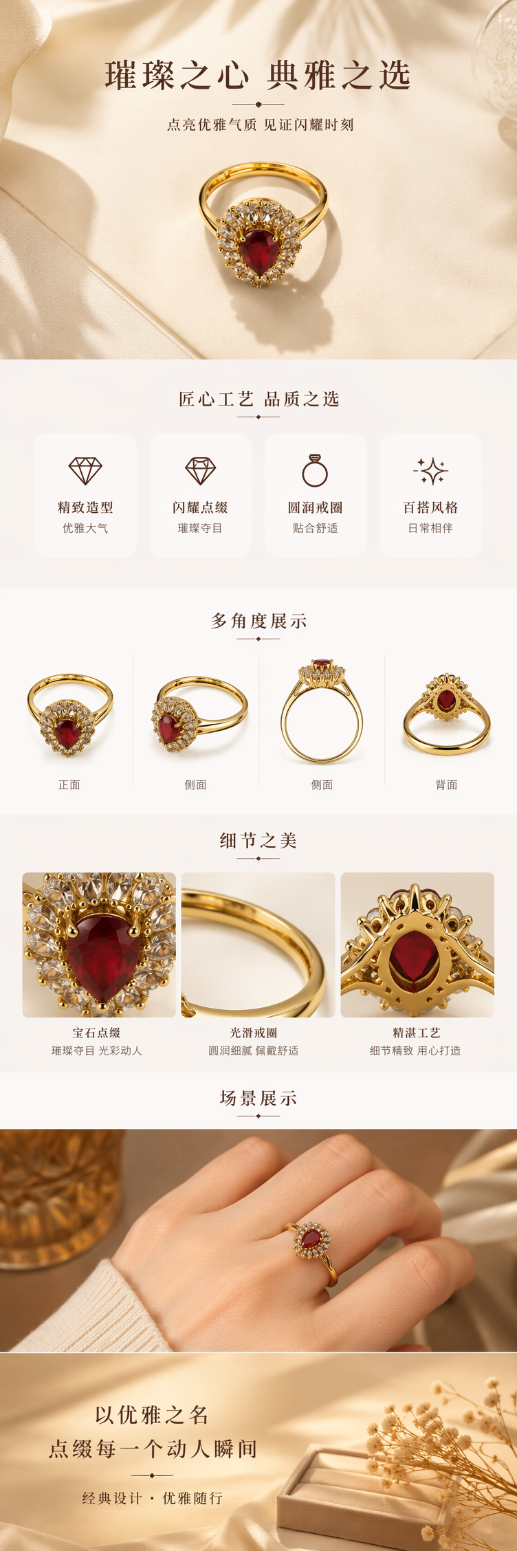 金色戒指中央红色水滴形宝石周围镶嵌白色小钻详情1