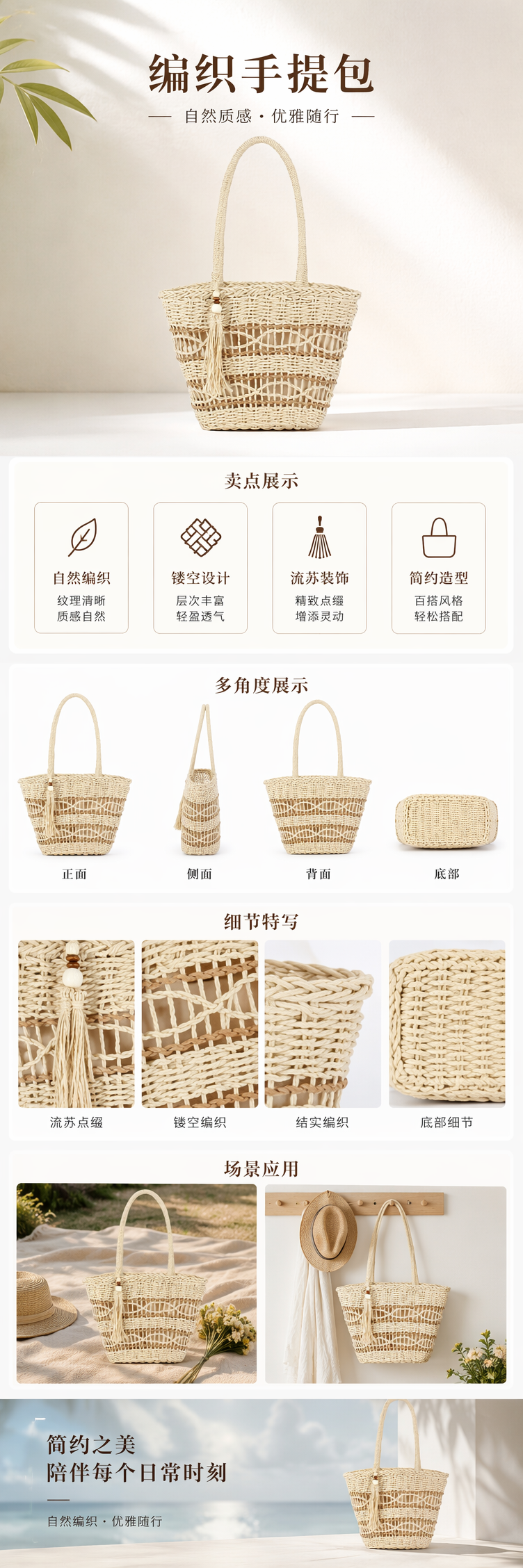新款编织大容量度假百搭手工编织包高级质感简约日常女士包 pic 1