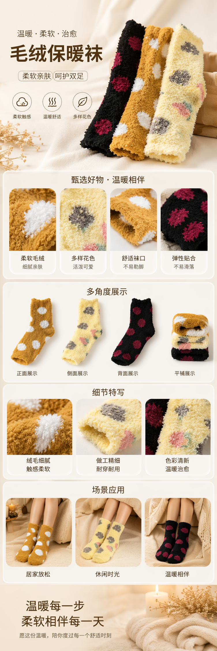 黄色波点毛绒袜子女秋冬加厚保暖纯棉短筒袜 pic 1