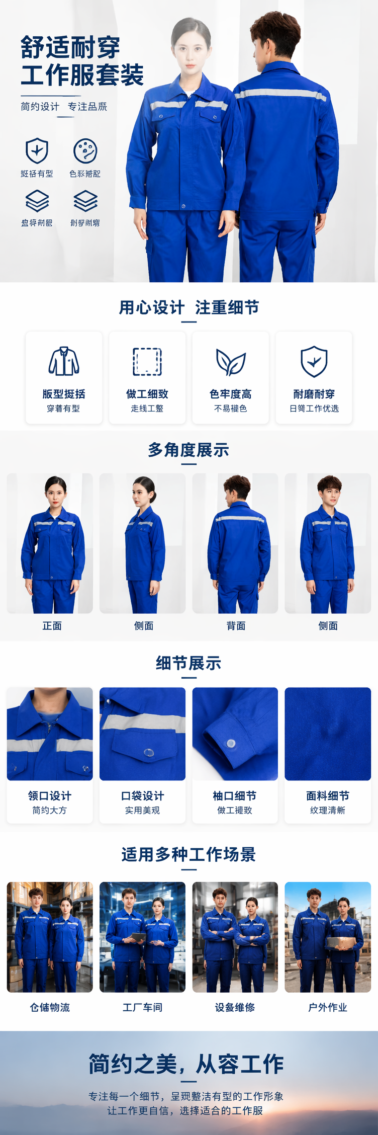 蓝色工作服套装男女同款模特实拍 pic 1