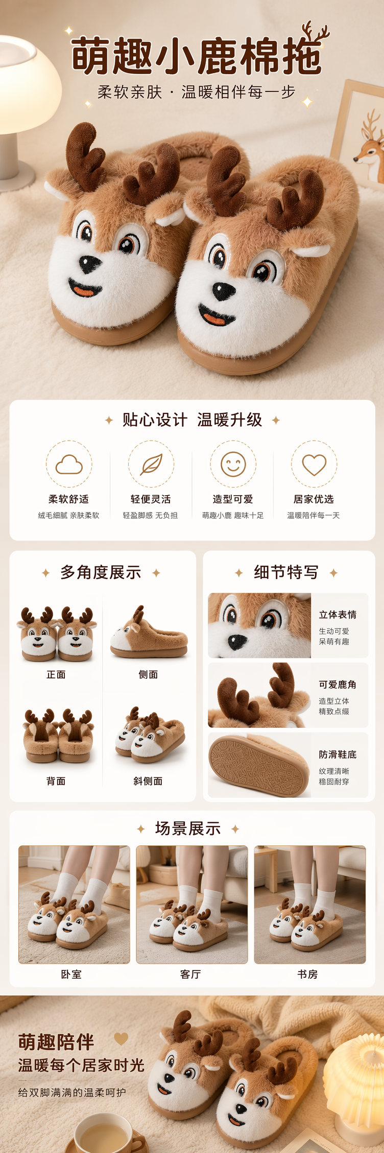 粉色小浣熊造型家居拖鞋可爱软底防滑棉麻材质详情1
