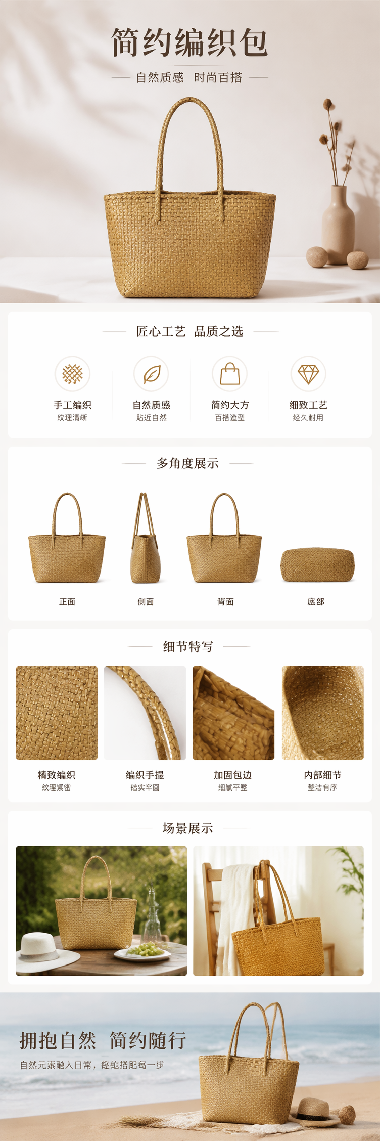 一件代发纯色编织大容量妈咪包波浪纹单肩包托特购物袋小号 pic 1