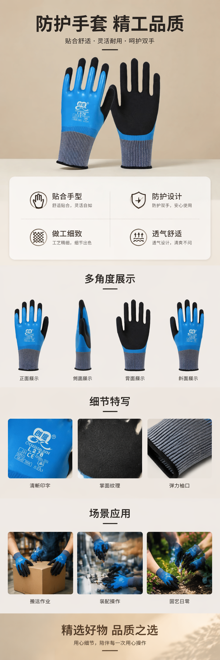 蓝色黑色防护手套 加厚防滑耐磨 工作劳保用品 pic 1