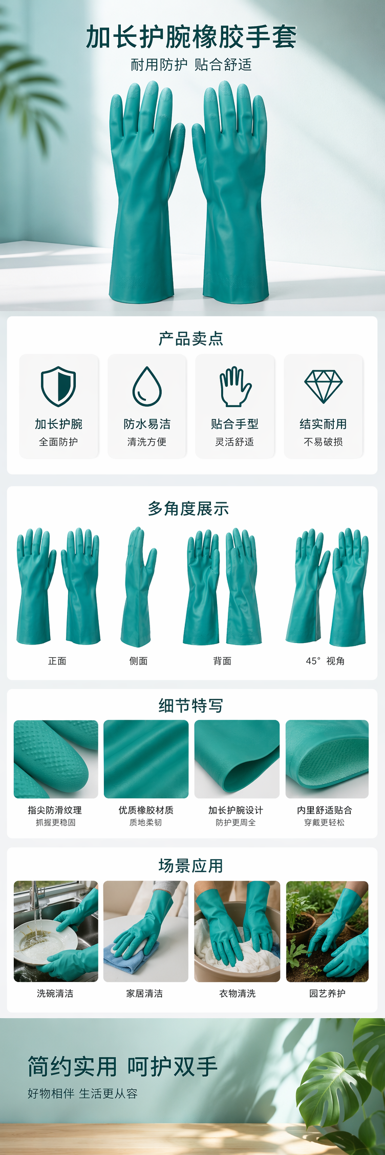 青绿色橡胶手套 加厚防滑耐磨家用厨房清洁防护手套 pic 1