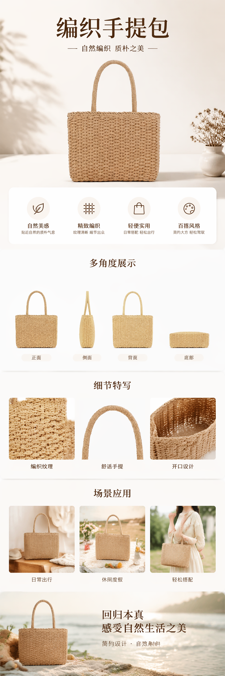一件代发夏季新款高级质感手拎包大容量沙滩包简约百搭编织手提包 pic 1