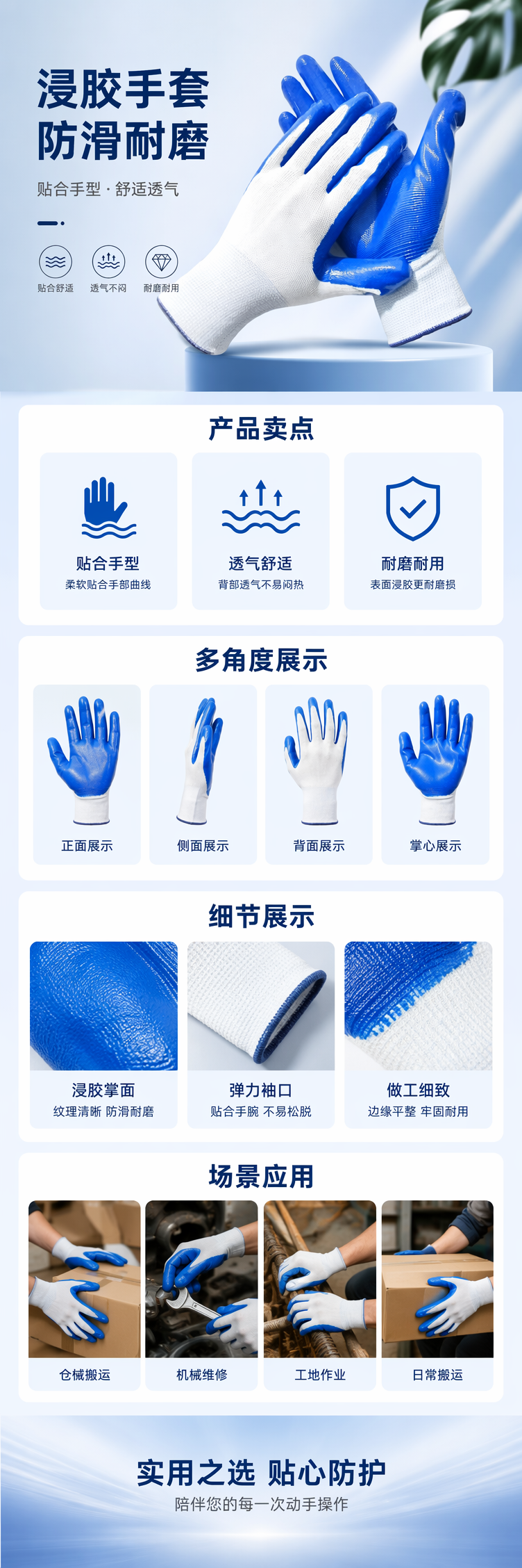 蓝色丁腈浸胶手套防滑耐磨加厚款工业用劳保手套 pic 1