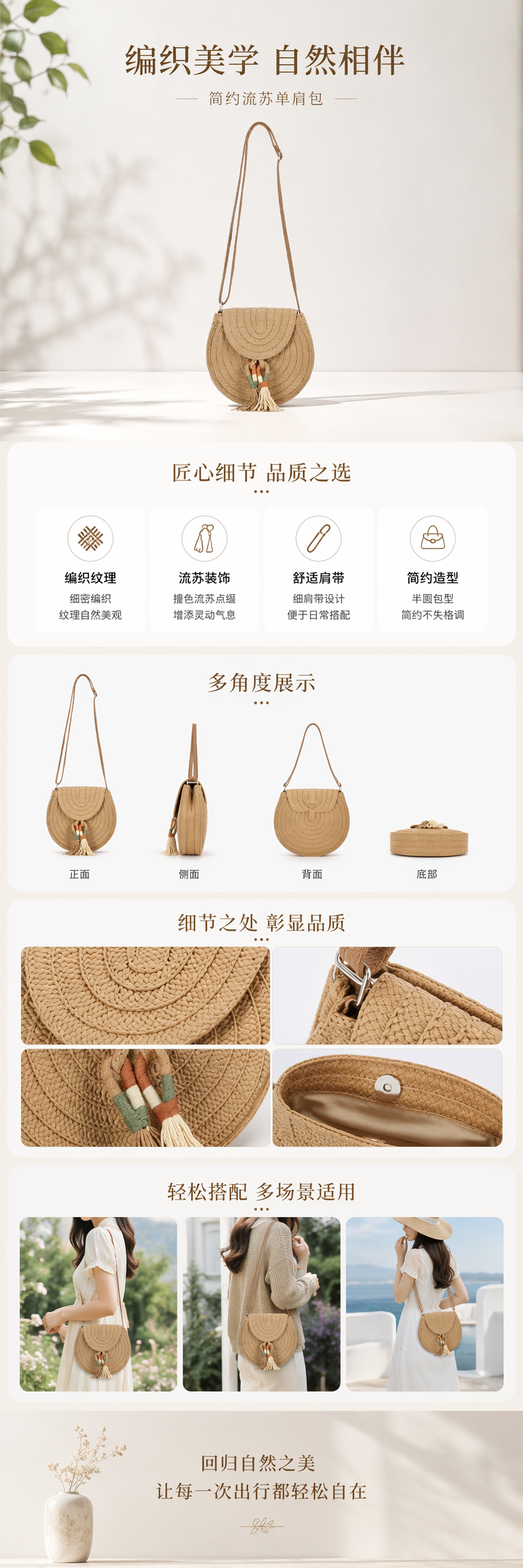 复古纸绳流苏小圆扁包可爱简约编织包纯色百搭旅游度假斜挎女包 pic 1