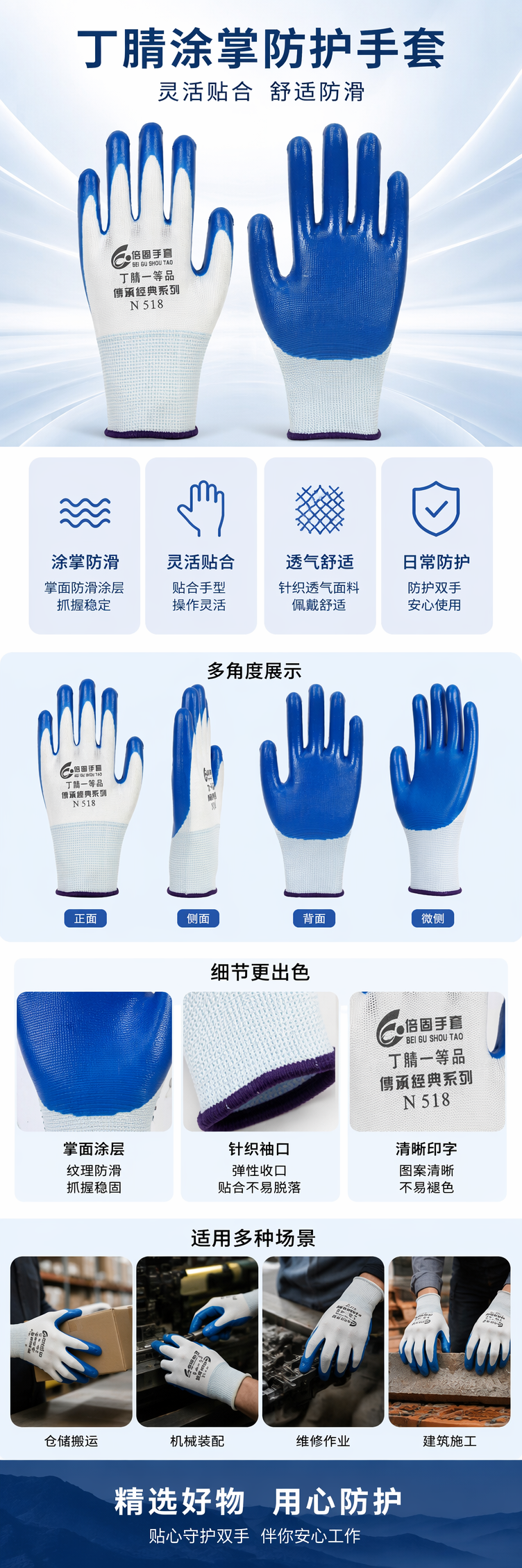 蓝色丁腈手套防滑耐磨加厚款一次性医用防护手套 pic 1