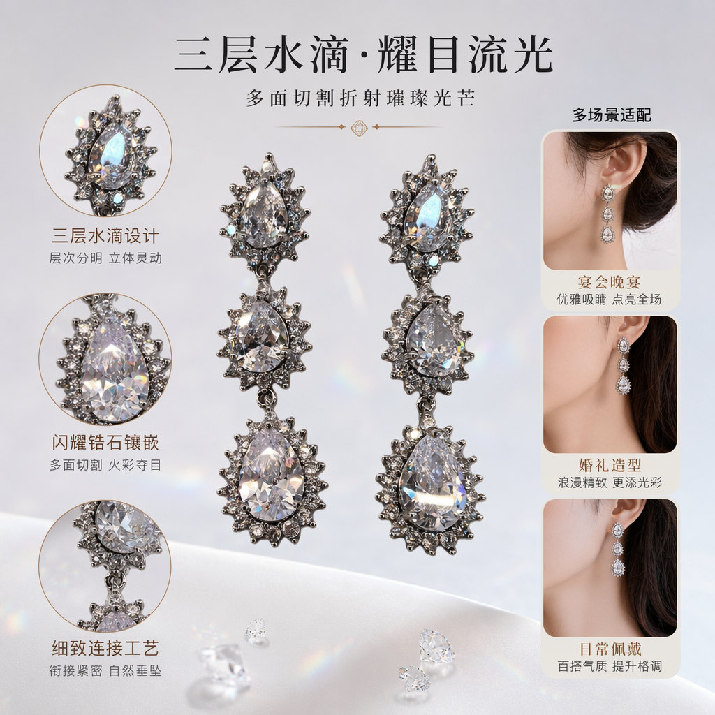银色水滴形镶钻耳环 时尚轻奢女款耳饰