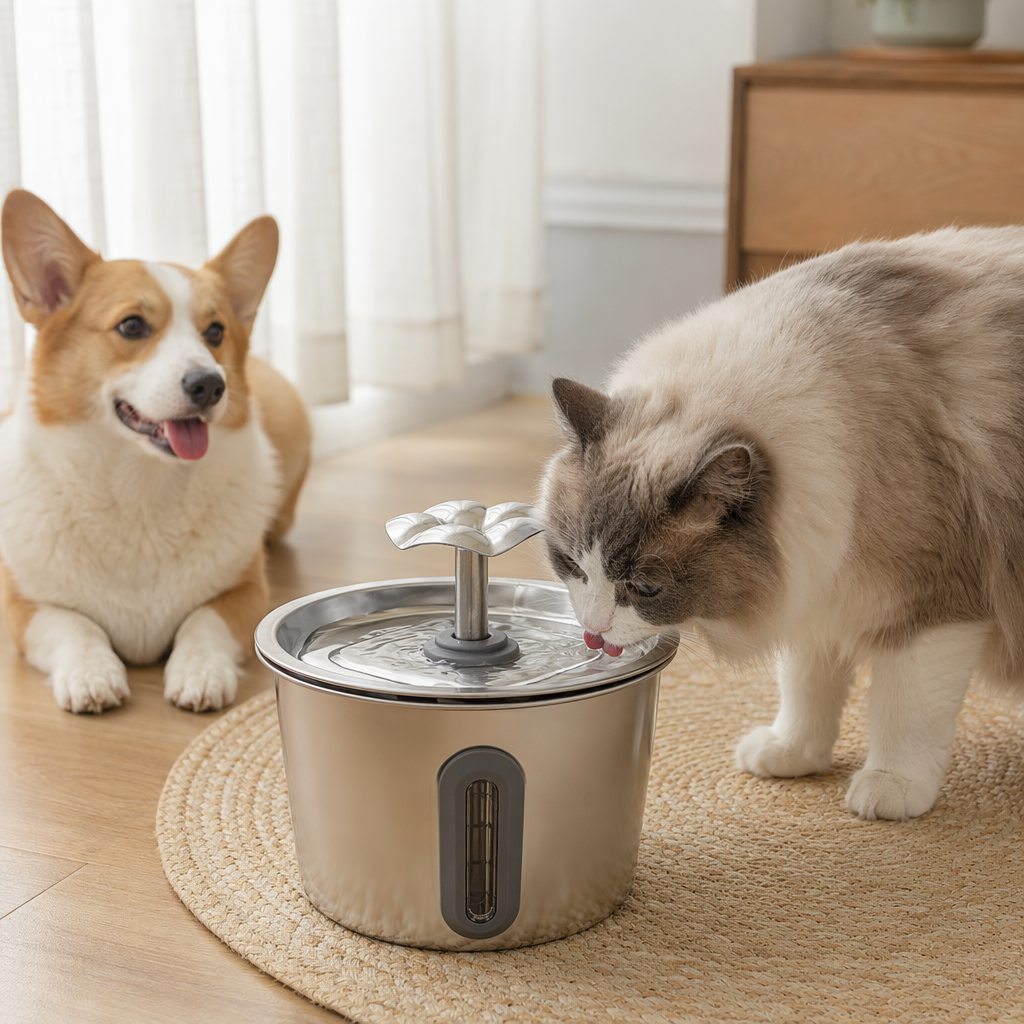 Strip-shaped window flower water outlet silver stainless steel fountain model pet smart water dispenser with silent circulation and filtration details Picture