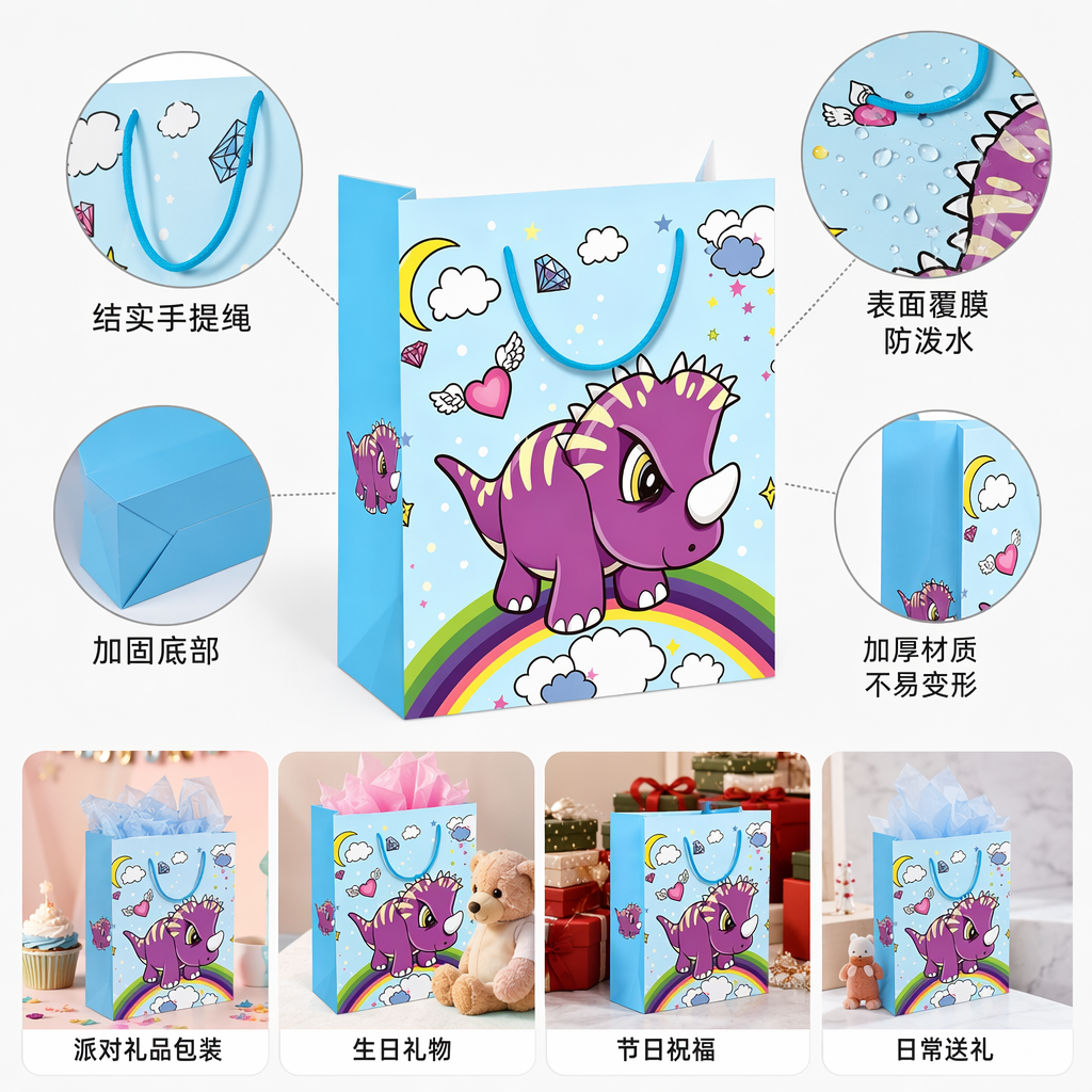 紫色卡通三角龙彩虹云朵月亮钻石爱心礼品袋