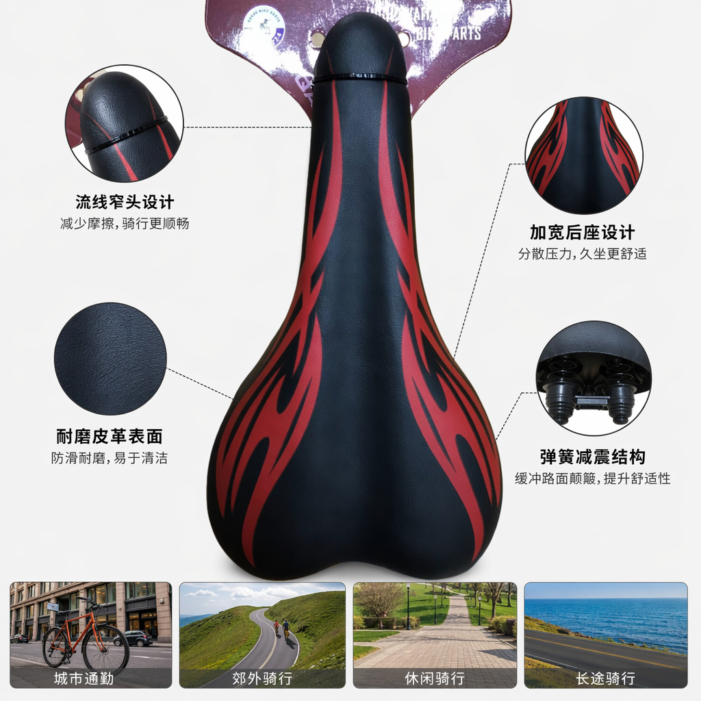 黑色带红色火焰纹自行车坐垫 舒适防滑透气减震