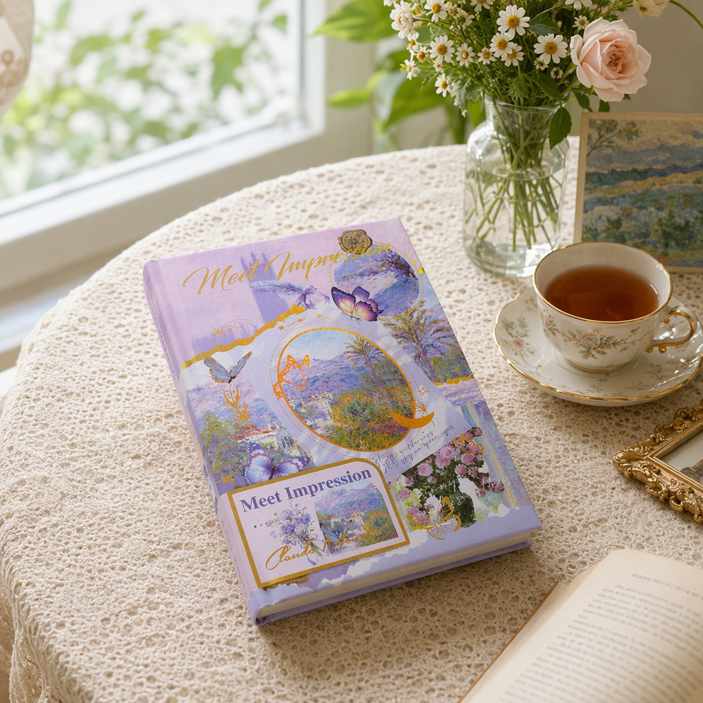 Purple cover notebook Meet Impression Butterfly Landscape Flower Illustration style details Picture