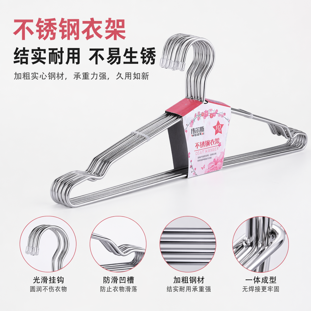 不锈钢衣架加厚防滑家用多功能挂衣架