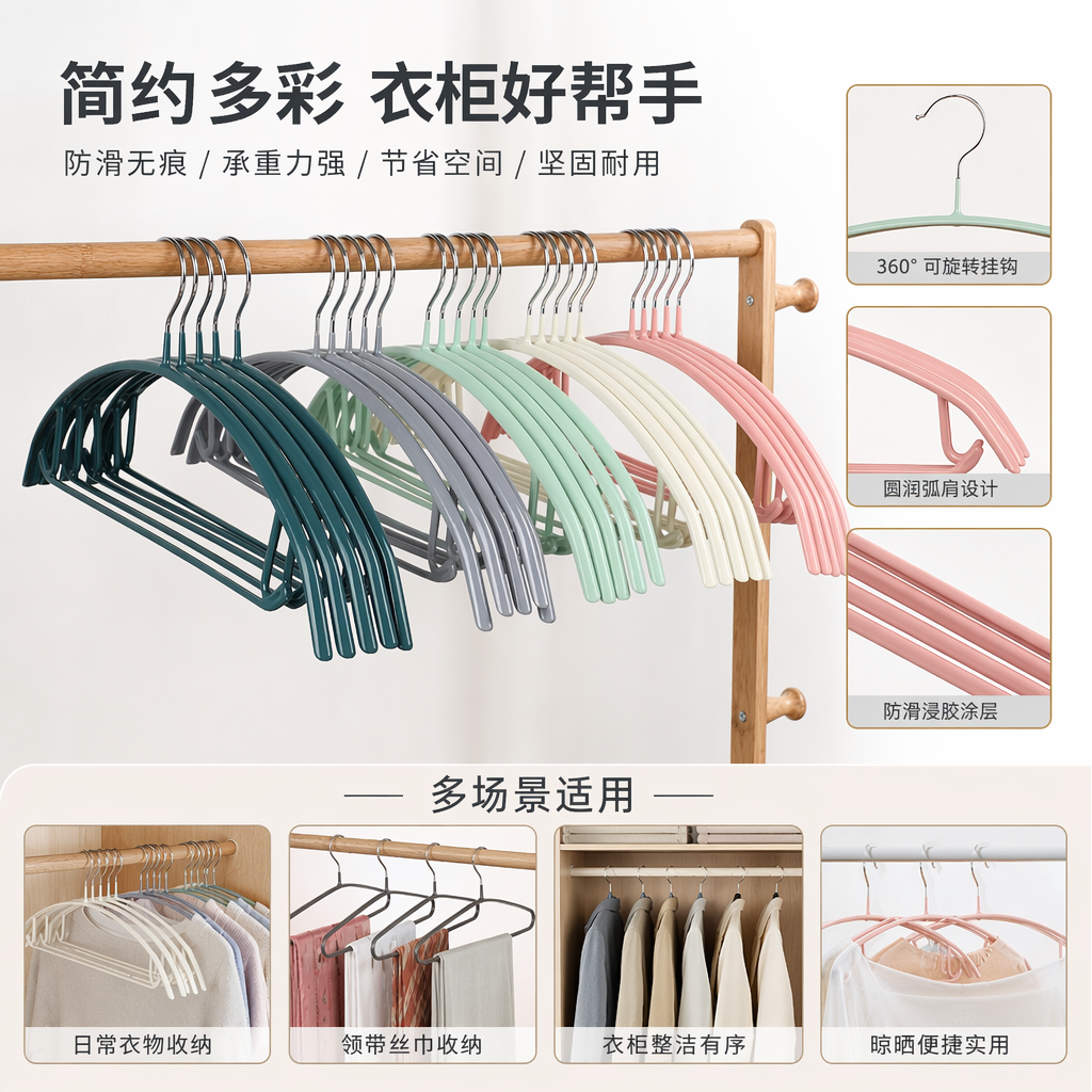 彩色浸塑圆钩衣架 防滑承重耐用家用多功能