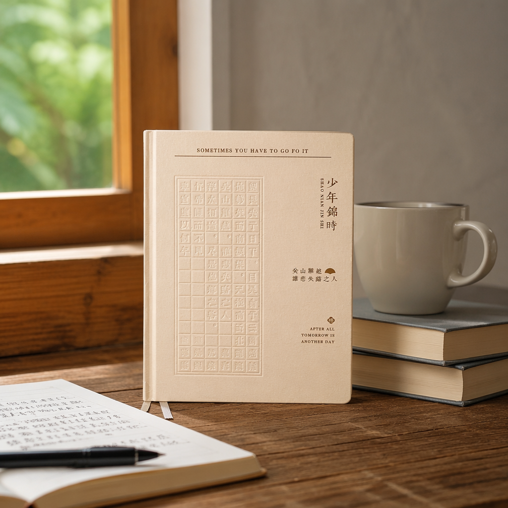 A beige cover with embossed Chinese characters for a young man's Jinshi notebook details Picture