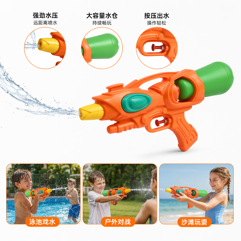 Orange water gun with green water storage tank and yellow nozzle, children's summer toy