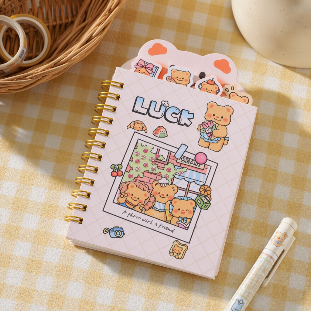Pink mechanical keyboard with cartoon sticker notebook set student office creative gift details Picture