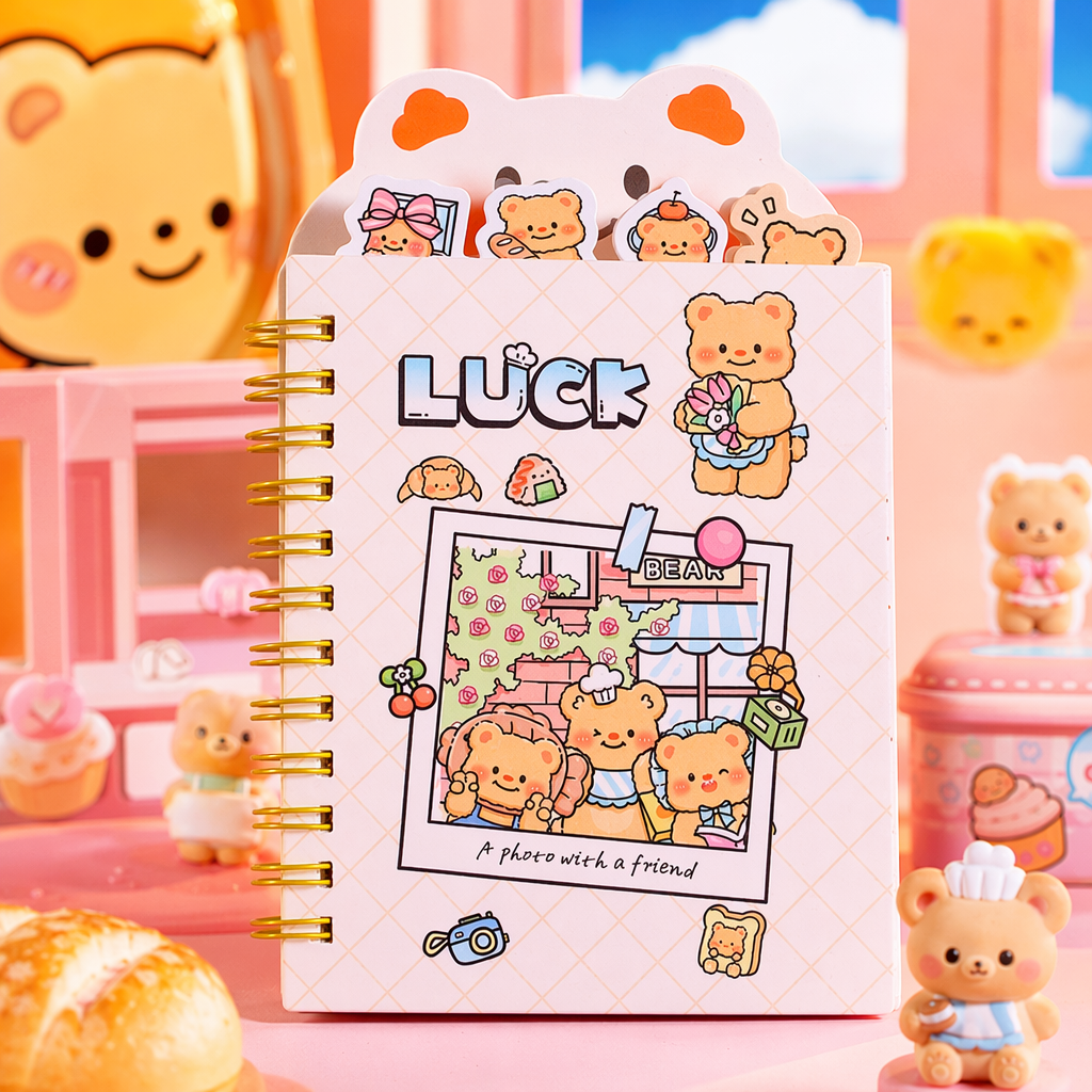 Pink mechanical keyboard with cartoon sticker notebook set student office creative gift Specification image