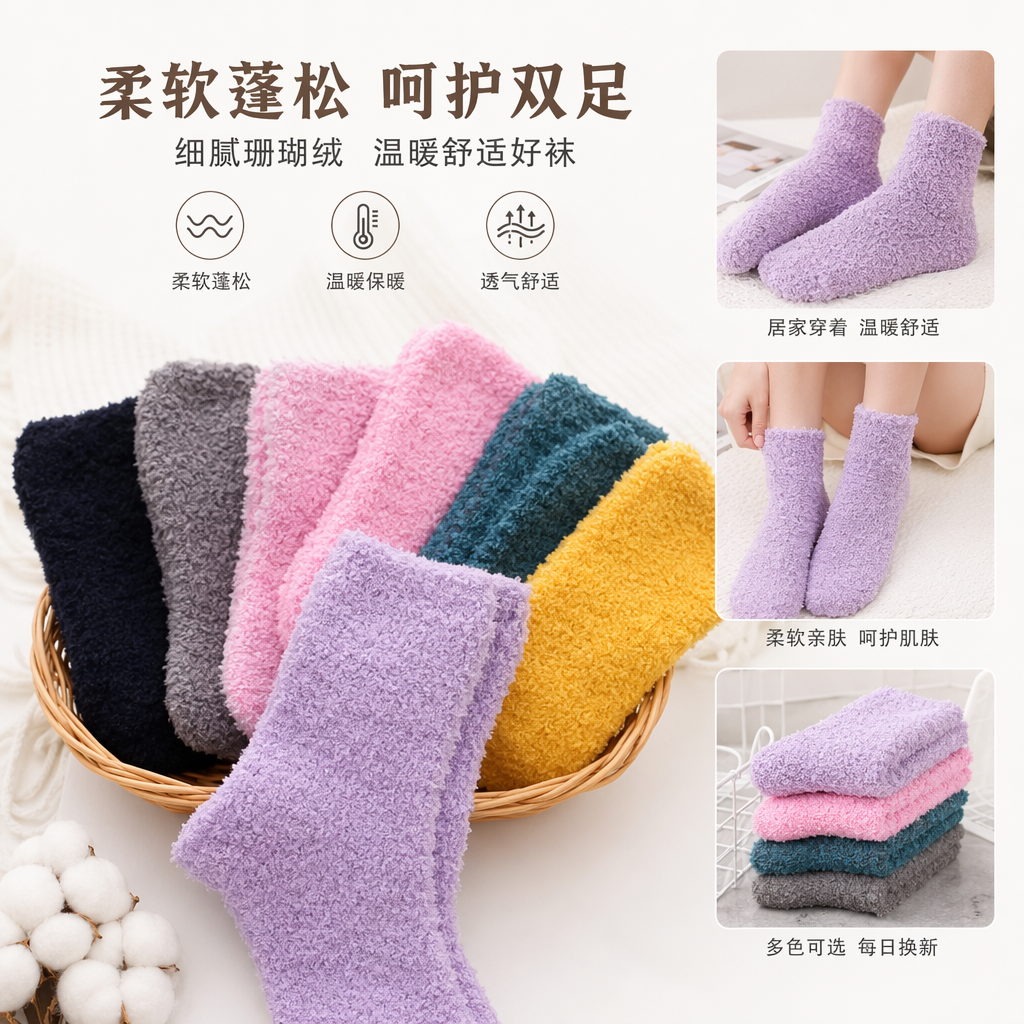 Colorful plush socks, thick and warm pure cotton mid-calf socks for women in autumn and winter