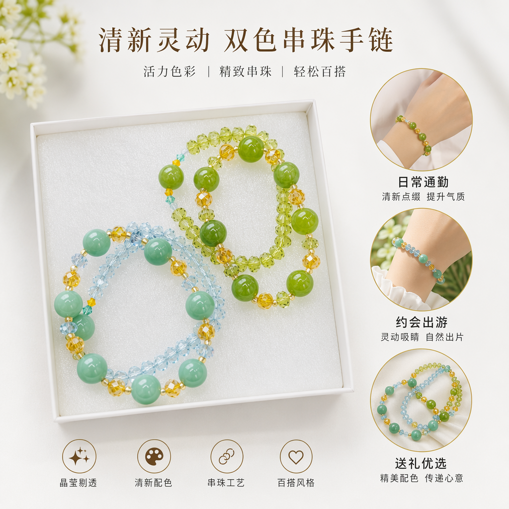 白色盒子装绿色黄色蓝色珠串手链