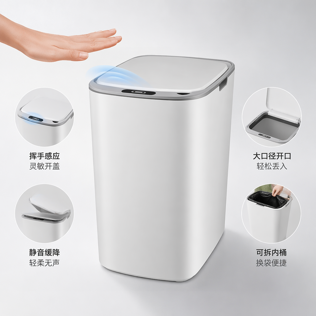 White smart sensor trash can for household use, with silent automatic lid opening and pedal operation