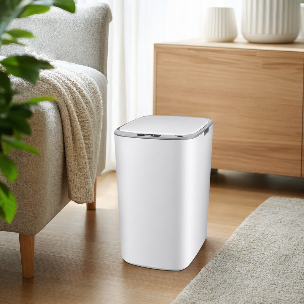 White smart sensor trash can for household use, with silent automatic lid opening and pedal operation details Picture