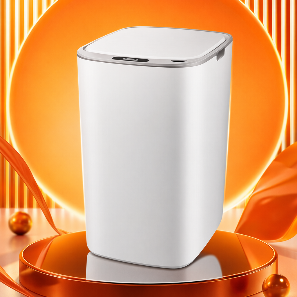 White smart sensor trash can for household use, with silent automatic lid opening and pedal operation Specification image