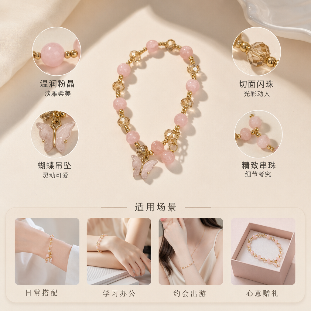 粉色珠串蝴蝶吊坠手链 时尚简约女士配饰