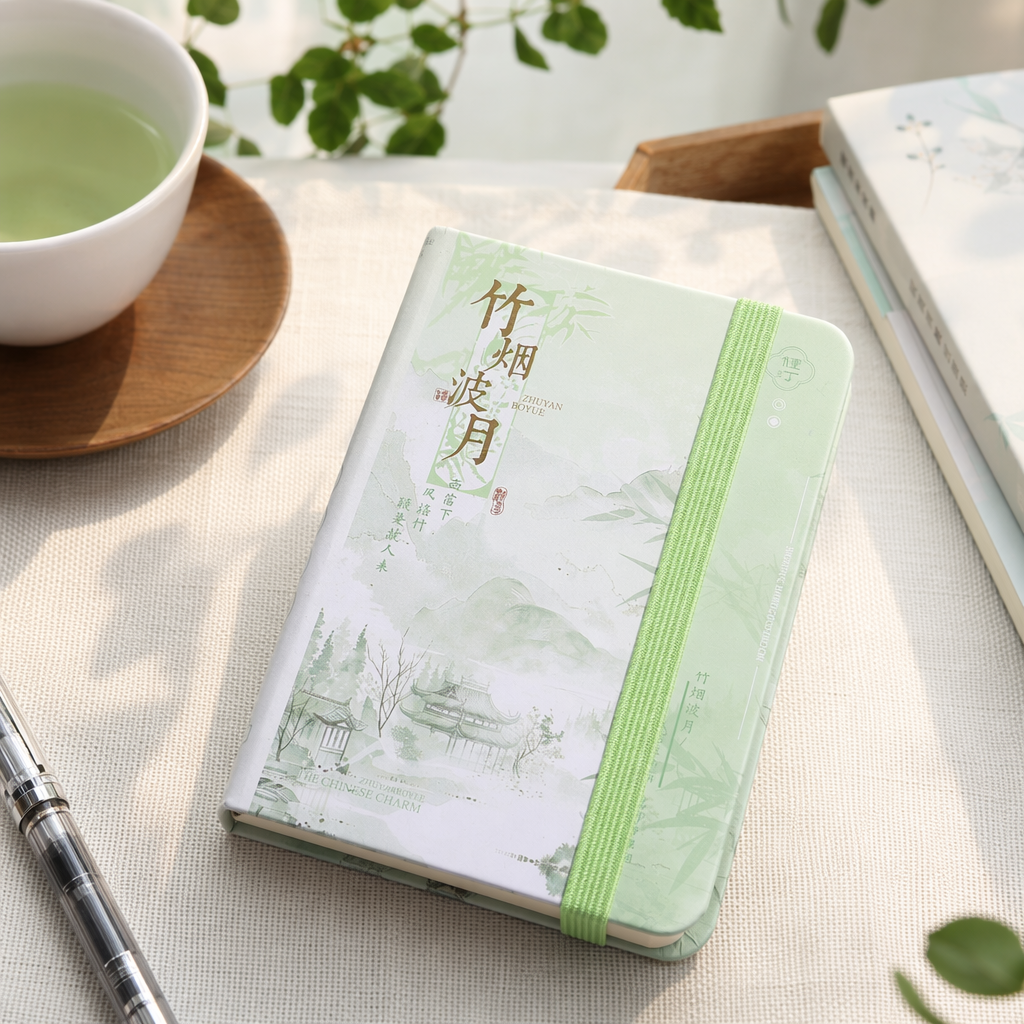 The light green cover, bamboo mist, moonlight, ink-wash landscape notebook, with a green webbing tied tightly on the spine details Picture